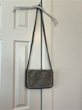 Suede Chain-Trim Crossbody Bag in Gray